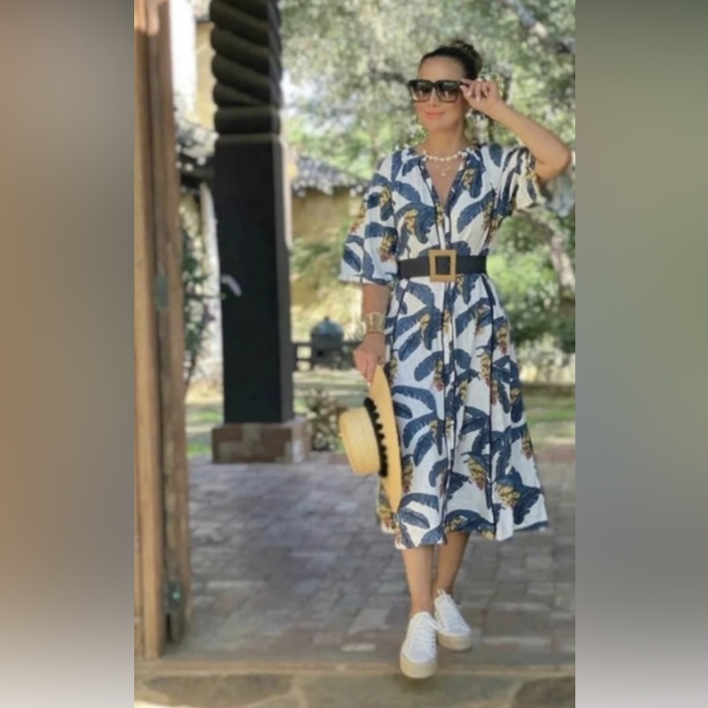 H&M White Midi Dress with Blue and Yellow Tropical Print - Picture 6 of 16